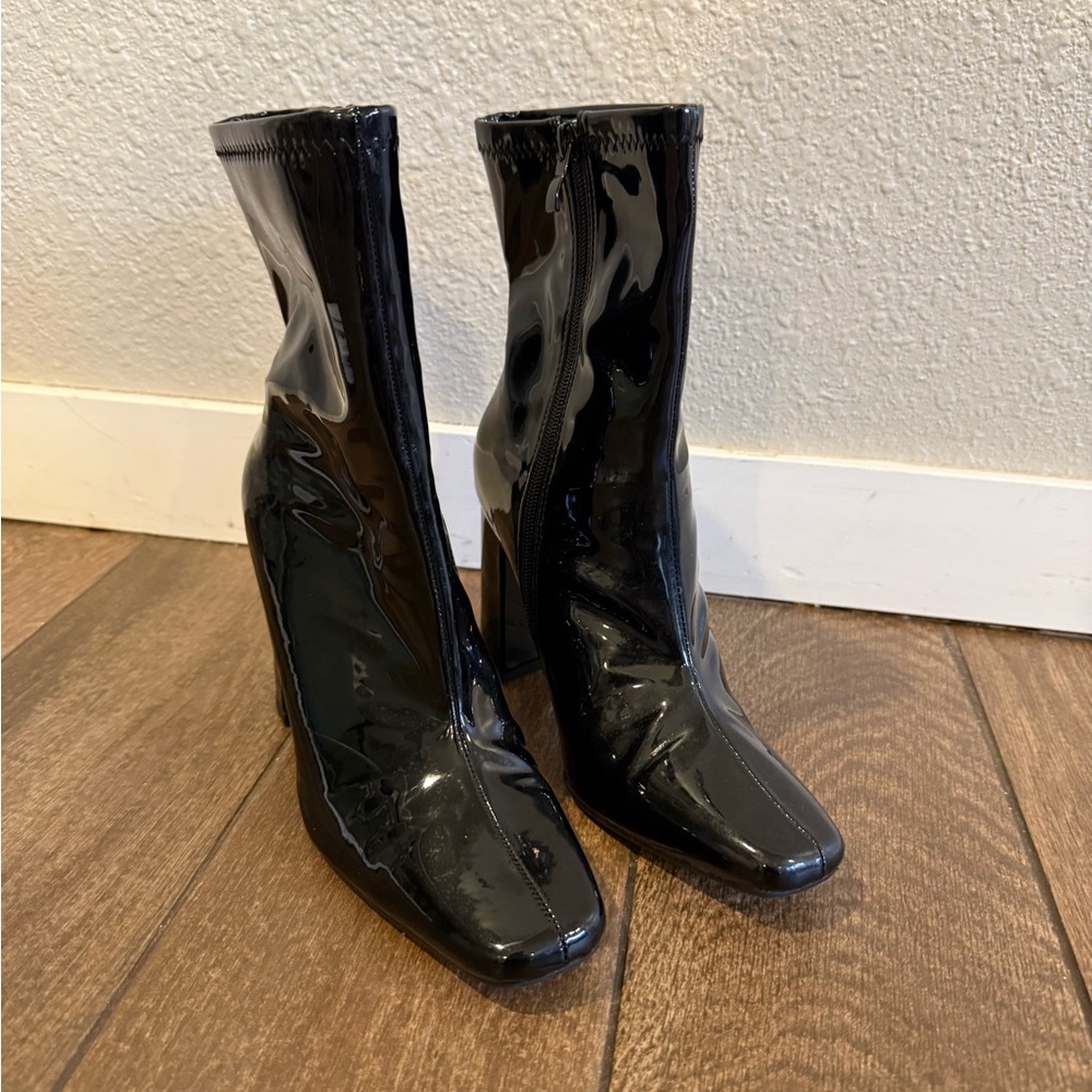 Top Moda Black Patent Ankle Boots‎ block heel Size 6.5